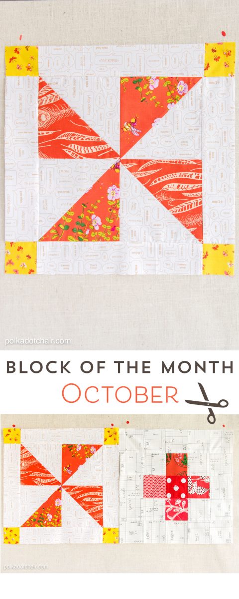 The October Quilt Block of the Month, a variation of a simple pinwheel block. Join in the block of the month series and make a quilt one month at a time. 