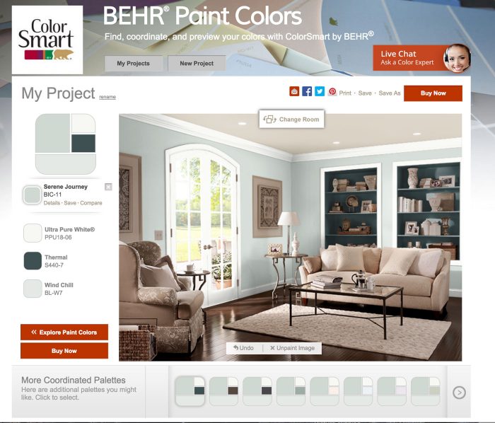 Living Room Decor Ideas, the paint color on the walls is Serene Journey by BEHR