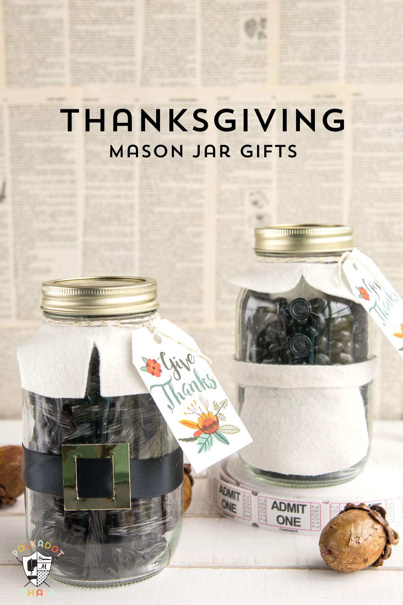 Cute Thanksgiving Pilgrim Mason Jar Gift Idea, would be cute for a hostess or teacher gift.