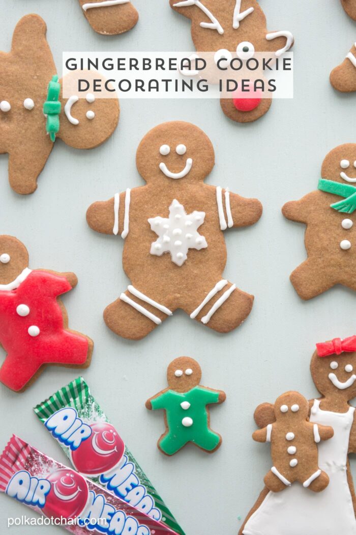 Gingerbread Christmas Cookie Decorating Ideas, use Airheads candy to cut out "clothes" and accessories for your gingerbread men