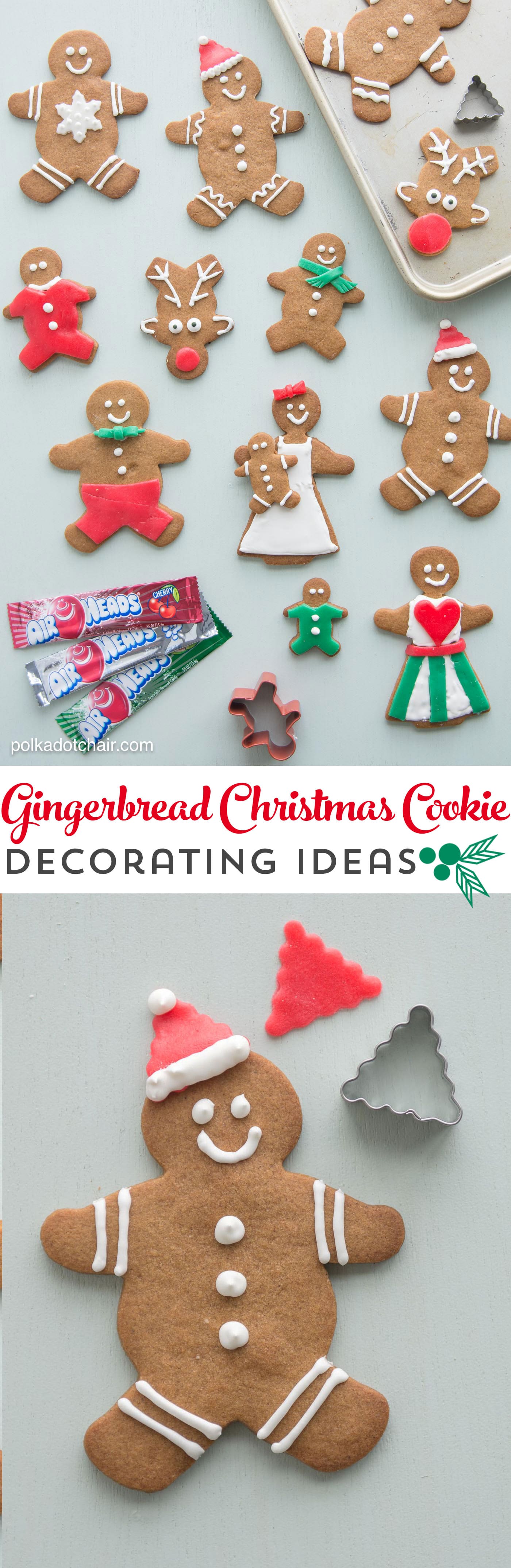 Christmas Gingerbread Cookie Decorating Ideas, use Airheads candy to cut out "clothes" and accessories for your gingerbread men