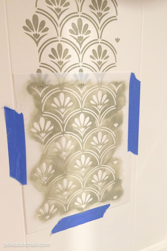 DIY Stenciled Bookcase Project, she painted the bookcase with chalk paint then stenciled a pattern onto the back, looks pretty simple