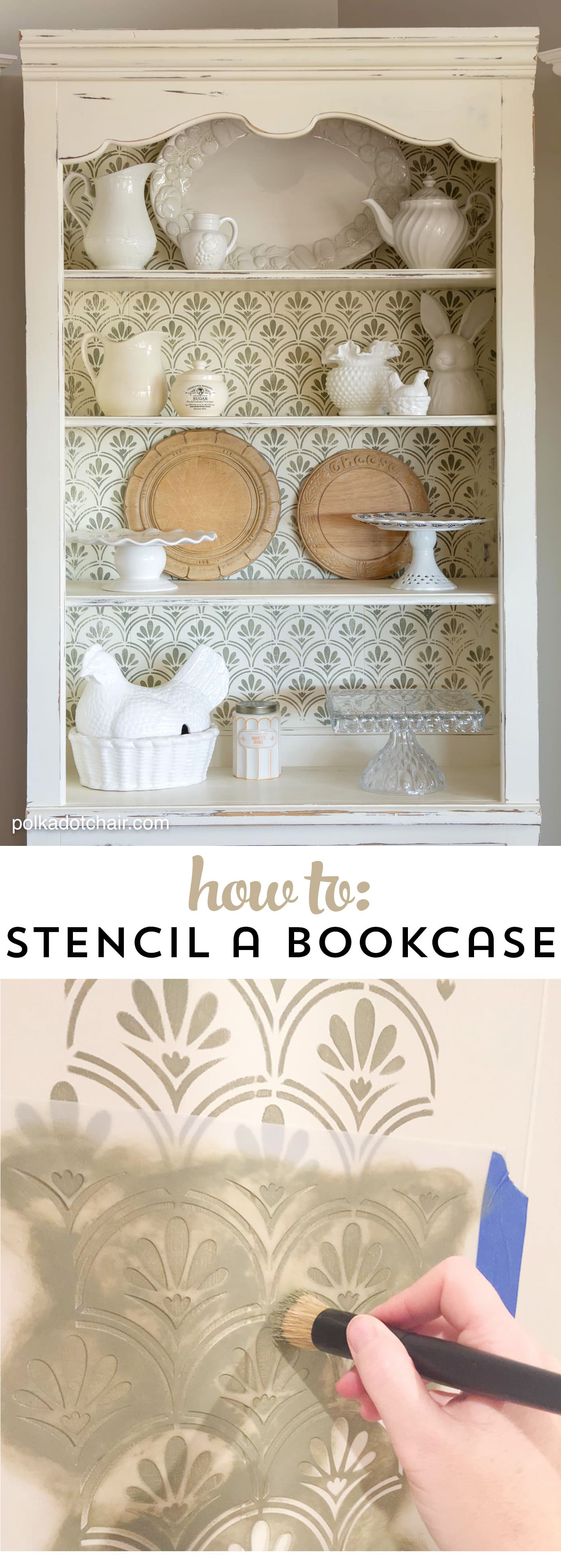 DIY Stenciled Bookcase Project, she painted the bookcase with chalk paint then stenciled a pattern onto the back, looks pretty simple