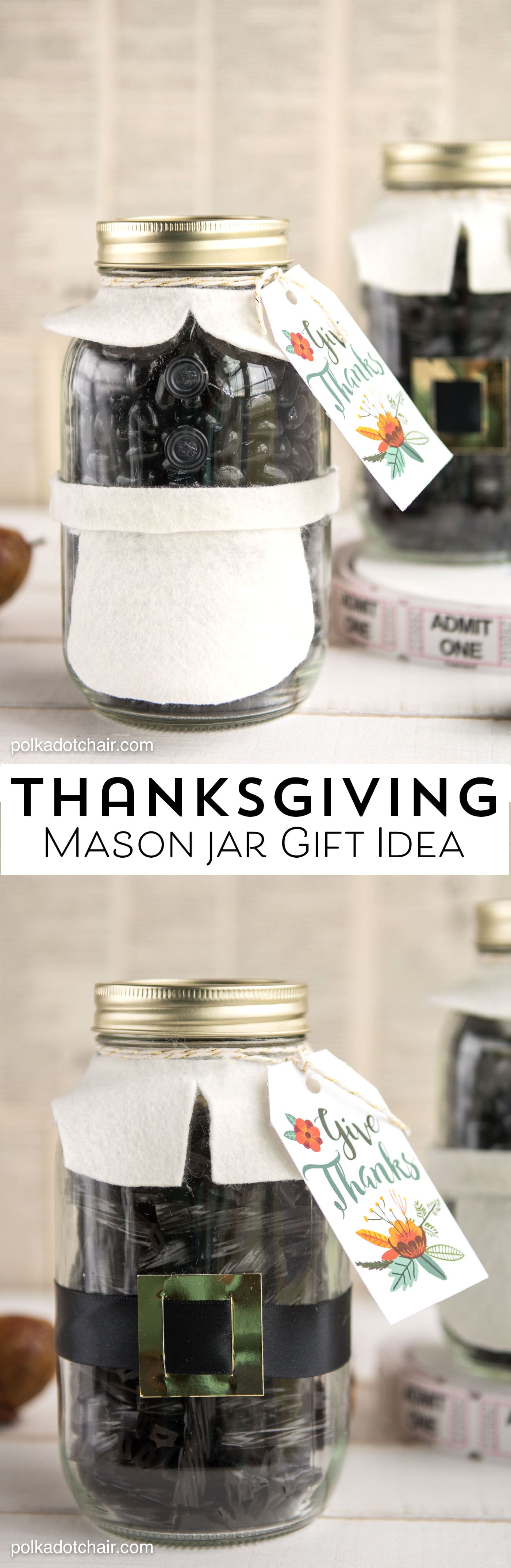 Cute Thanksgiving Pilgrim Mason Jar Gift Idea, would be cute for a hostess or teacher gift.