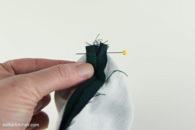 Zipper being sewn to bag