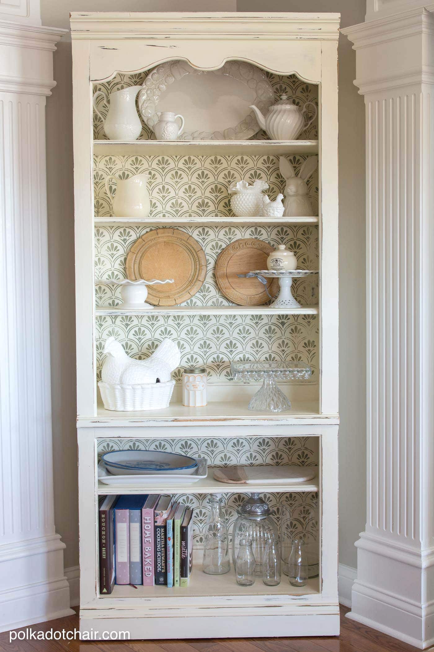 DIY Stenciled Bookcase Project, she painted the bookcase with chalk paint then stenciled a pattern onto the back, looks pretty simple