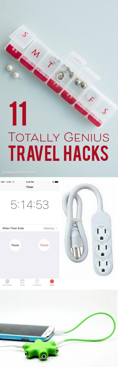 11 Totally Genius Travel Hacks... I love the one about setting the timer on your phone for your flight time!