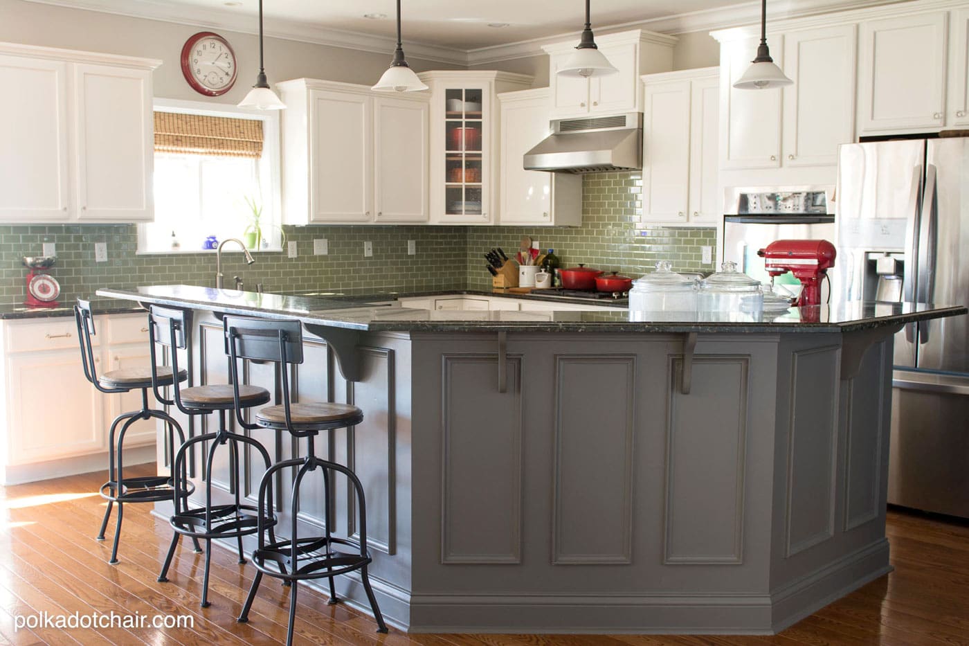 Kitchen Redo, White Painted Cabinets, Gray Island and Green Glass Tile Backsplash