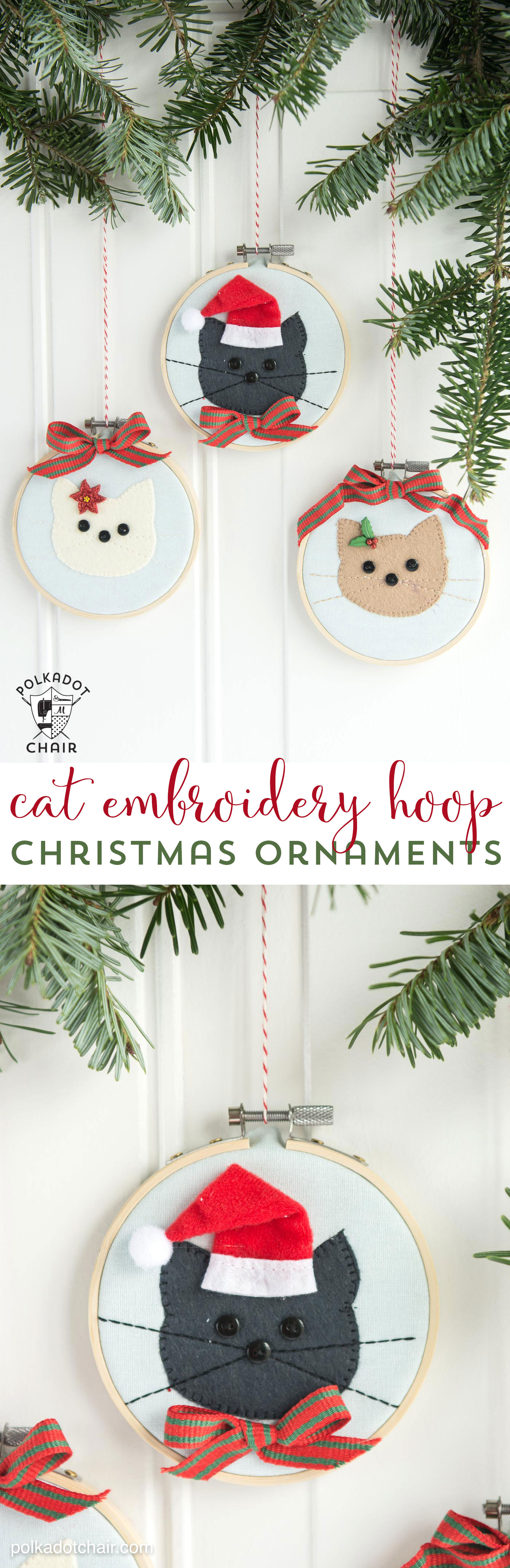 DIY Cat Embroidery Hoop Christmas Ornaments with instructions and free sewing pattern on polkadotchair.com