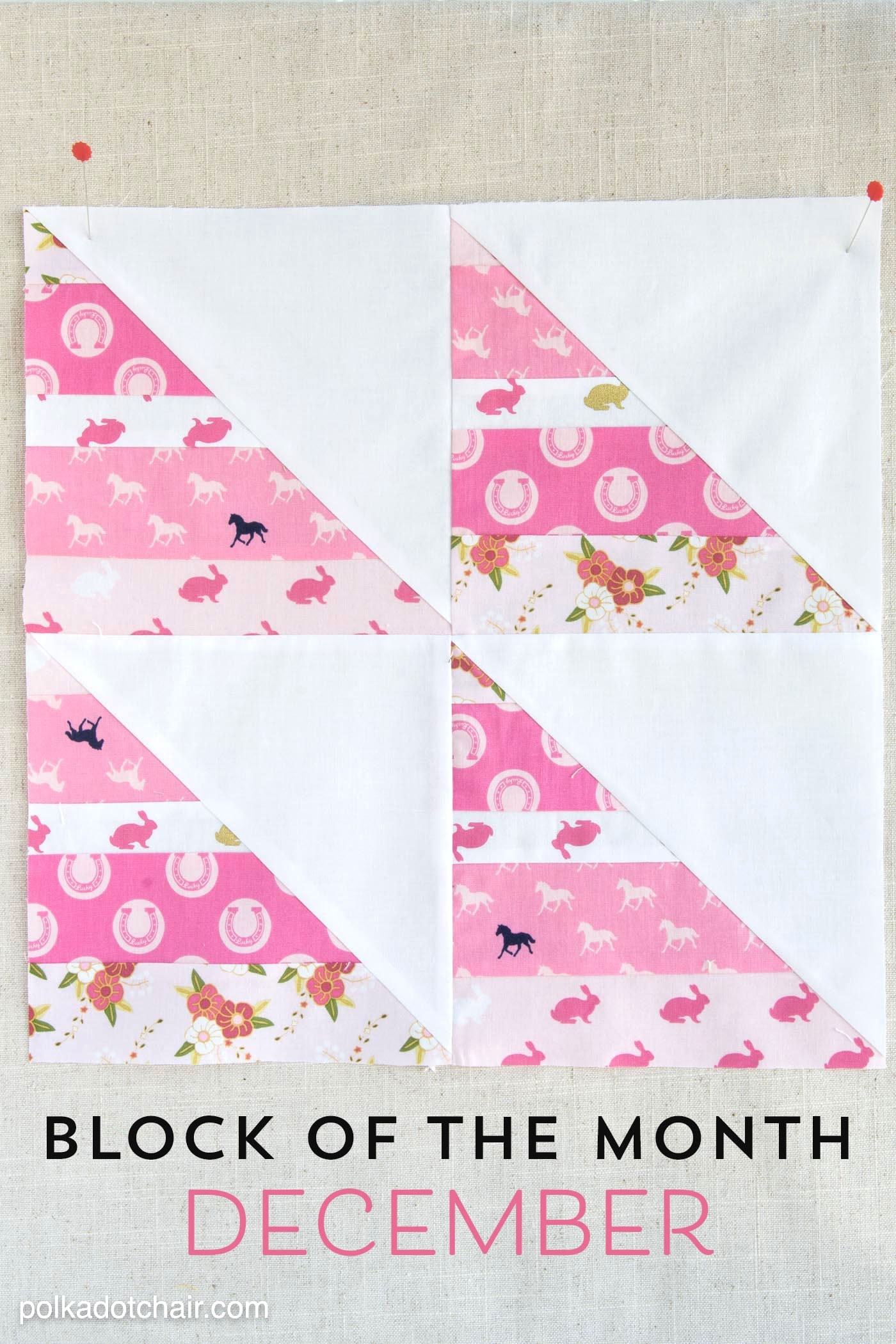 Instructions for the December Block of the Month; a String Half Square Triangle Quilt block on polkadotchair.com - it's free! - I'm totally doing this..