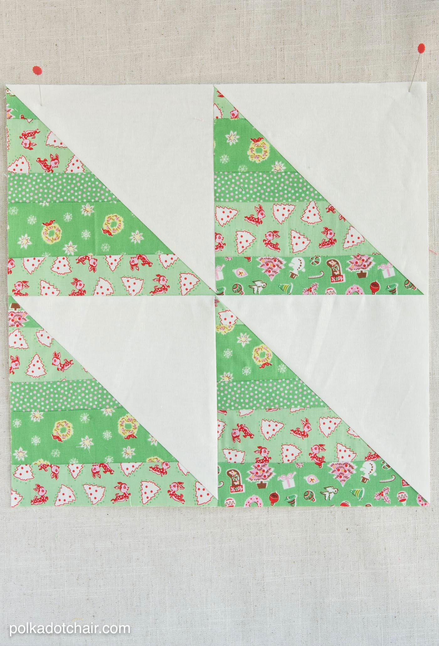 Instructions for the December Block of the Month; a String Half Square Triangle Quilt block on polkadotchair.com - it's free! - I'm totally doing this..