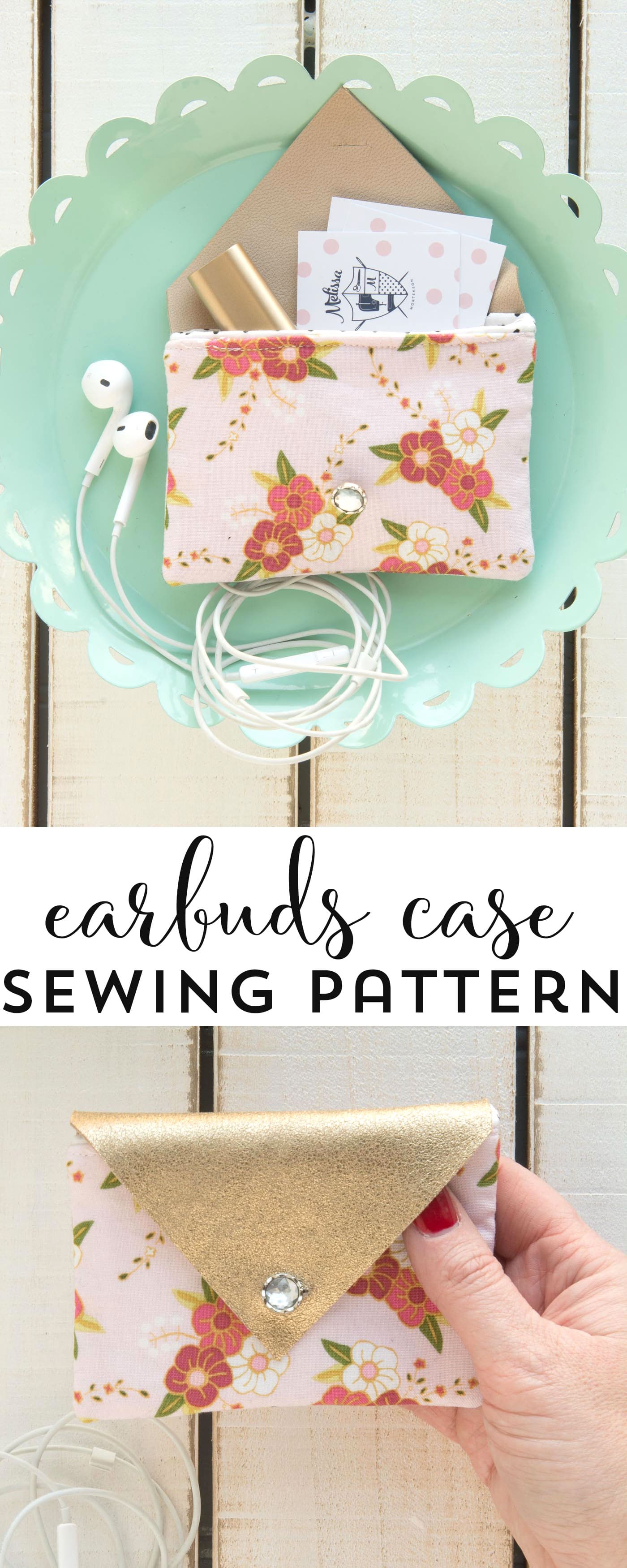 Free Sewing Pattern for a fabric and leather earbuds carrying case, would also be a great business card holder, by polkadotchair.com