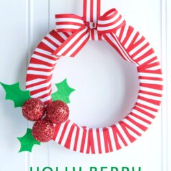 DIY Holly Berry Christmas Wreath made with ribbon, styrofoam balls, felt and glitter