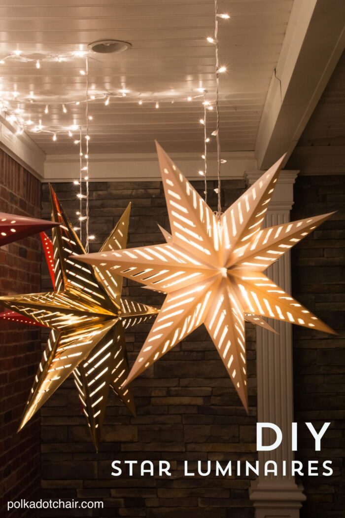 How to hang Star Luminaires on your front porch- what a clever idea for decorating your porch for Christmas