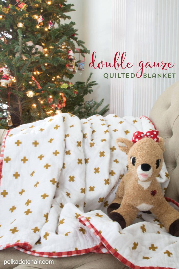 Learn how to make a simple quilted blanket out of double gauze material with this free sewing tutorial, cute project for Christmas or any time of the year (would also be a great baby blanket)
