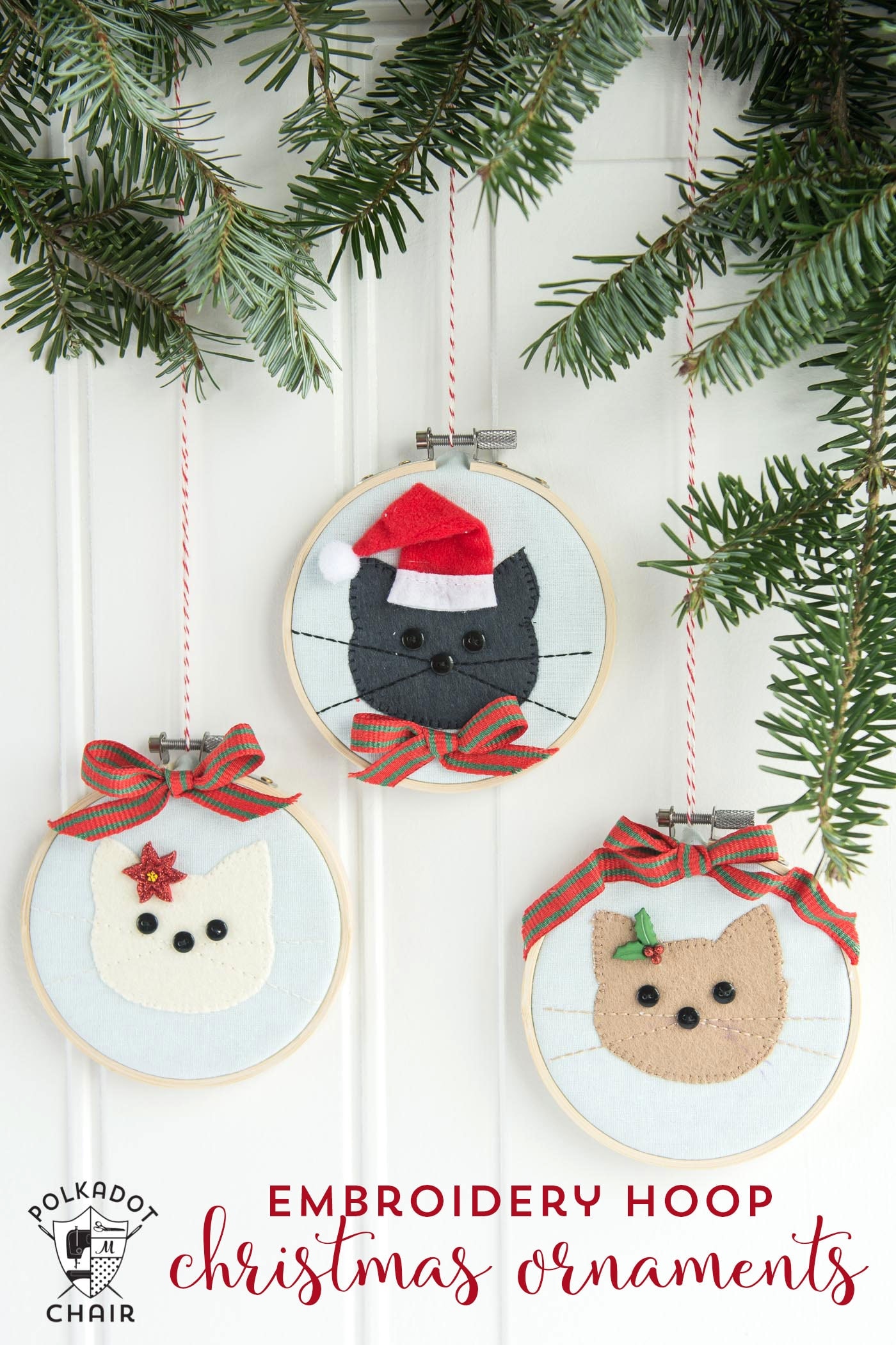 DIY Cat Embroidery Hoop Christmas Ornaments with instructions and free sewing pattern on polkadotchair.com 