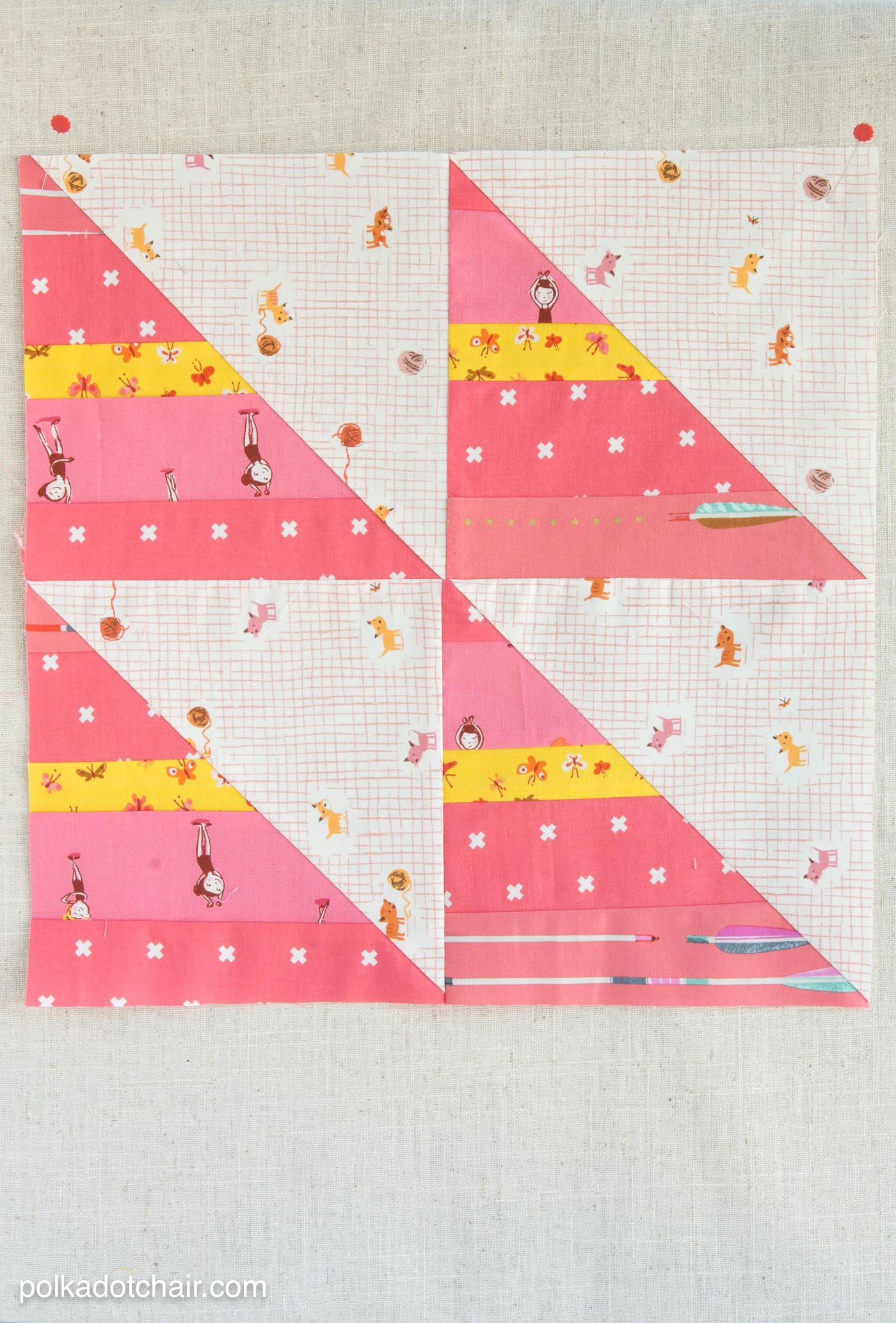 Instructions for the December Block of the Month; a String Half Square Triangle Quilt block on polkadotchair.com - it's free! - I'm totally doing this..