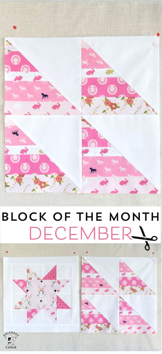 Instructions for the December Block of the Month; a String Half Square Triangle Quilt block on polkadotchair.com - it's free! - I'm totally doing this..