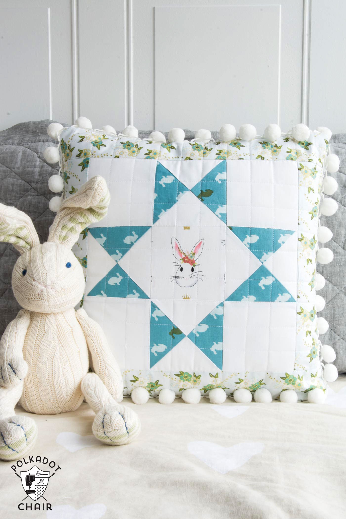 Cute Pom Pom Quilted Pillows made from Wonderland Fabric from Riley Blake Designs