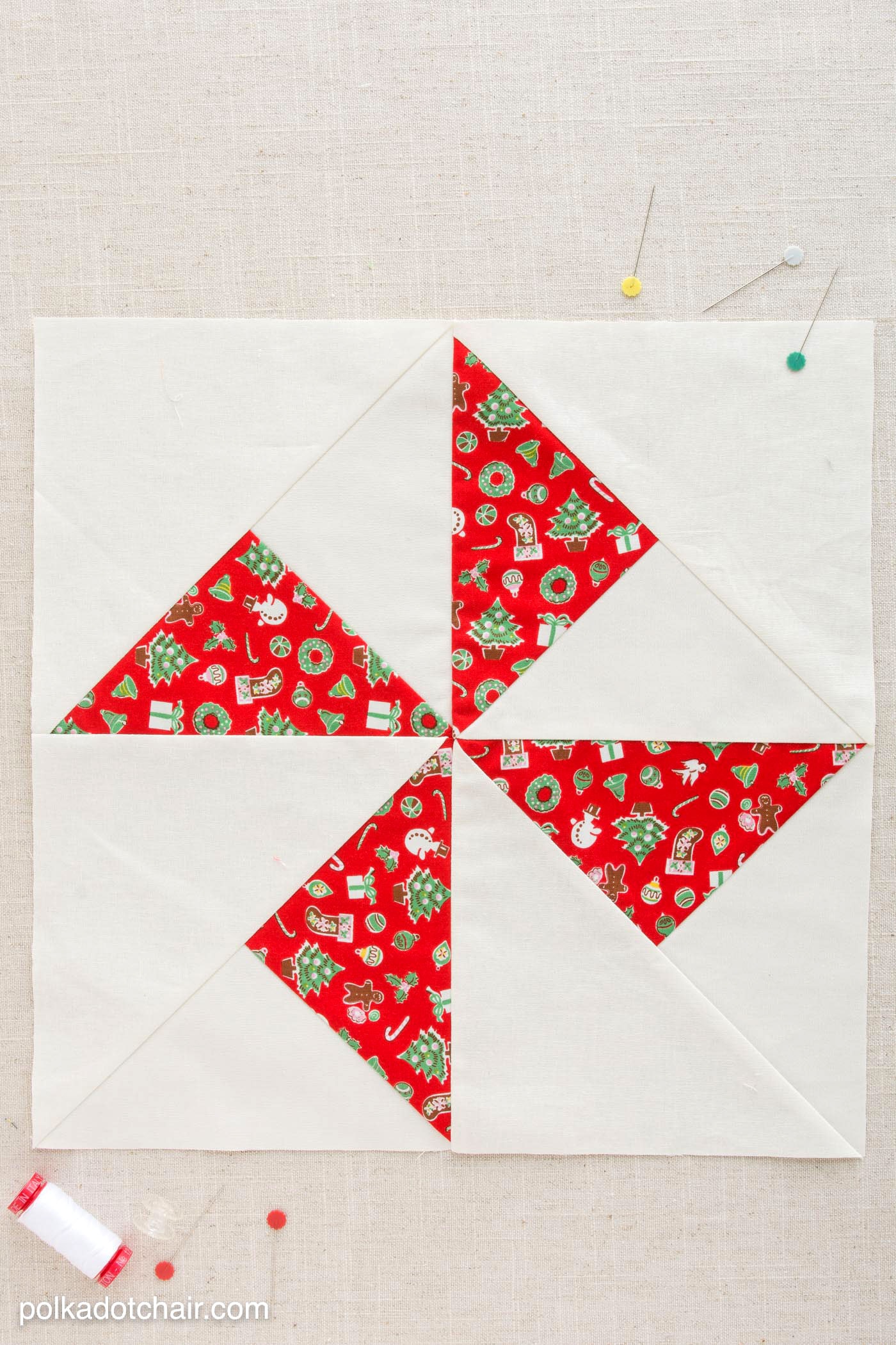 The January Block of the Month on polkadotchair.com - Learn how to make a simple turnstile quilt block - complete one quilt block each month to make yourself a quilt!