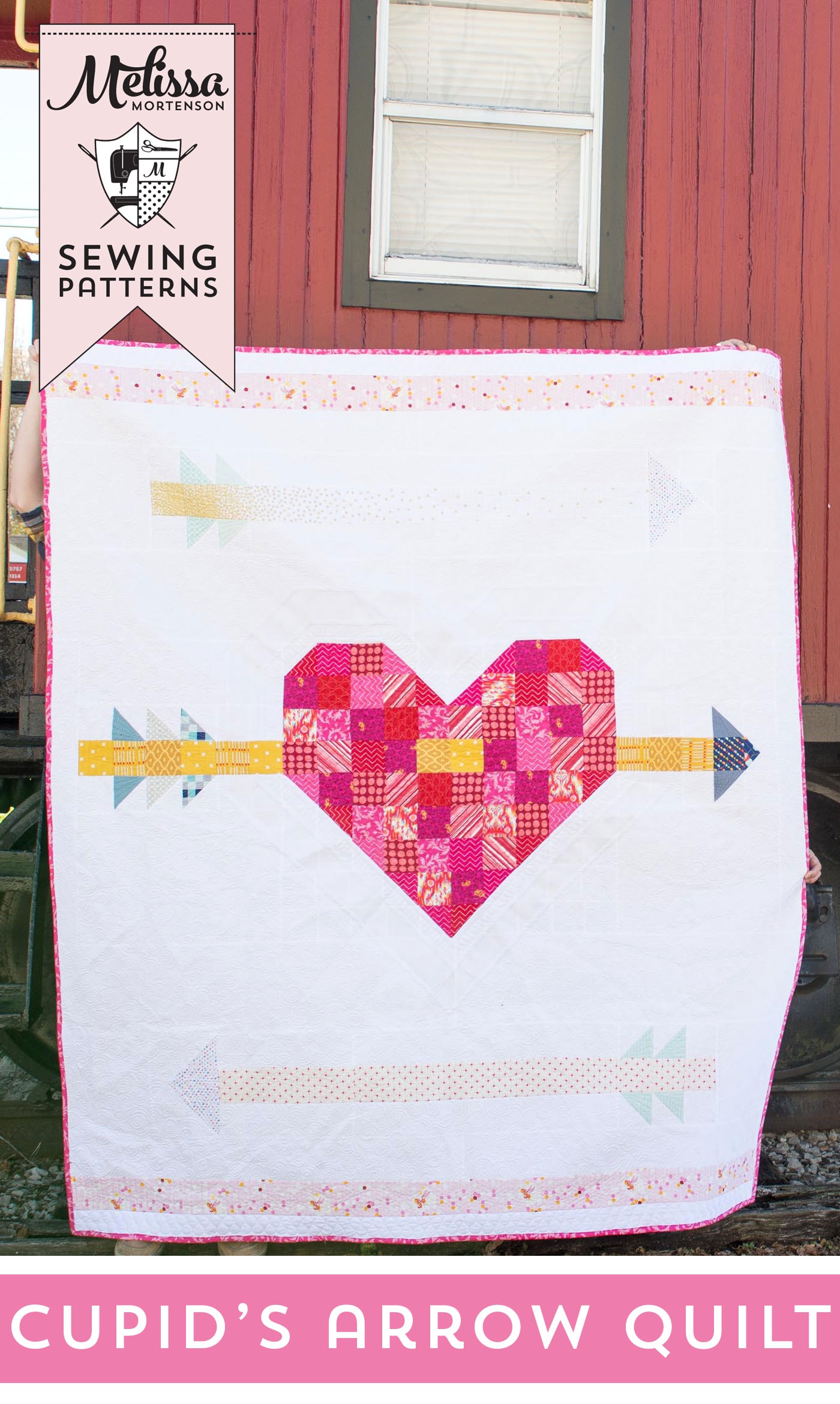 Cupid's Arrow Quilt Pattern, a patchwork heart and arrow quilt pattern - great for Valentine's Day sewing 