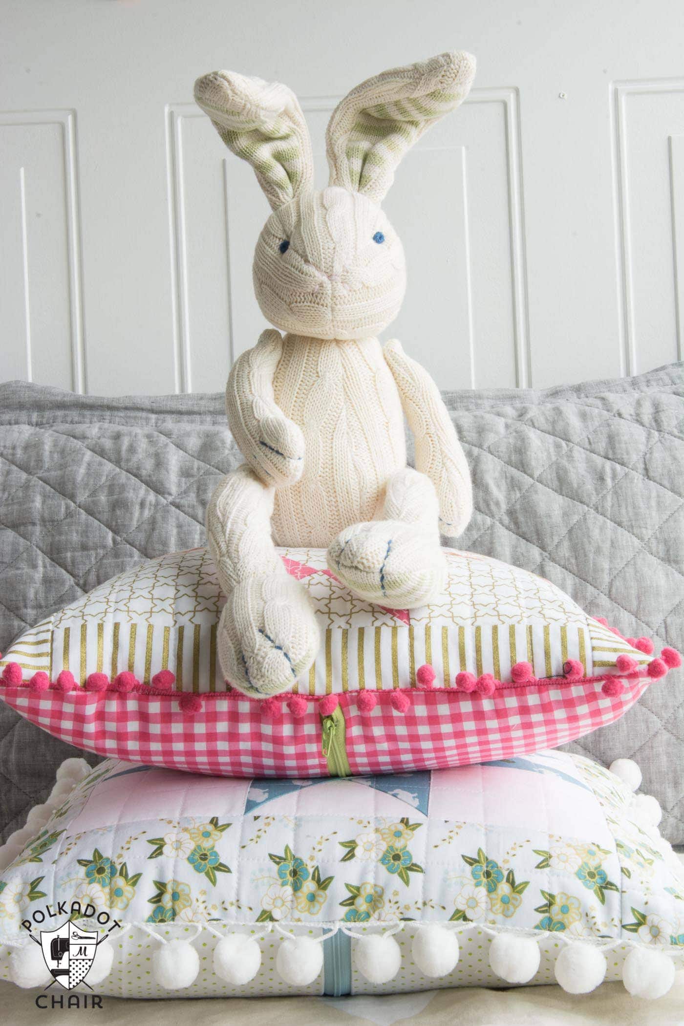 Cute Pom Pom Quilted Pillows made from Wonderland Fabric from Riley Blake Designs