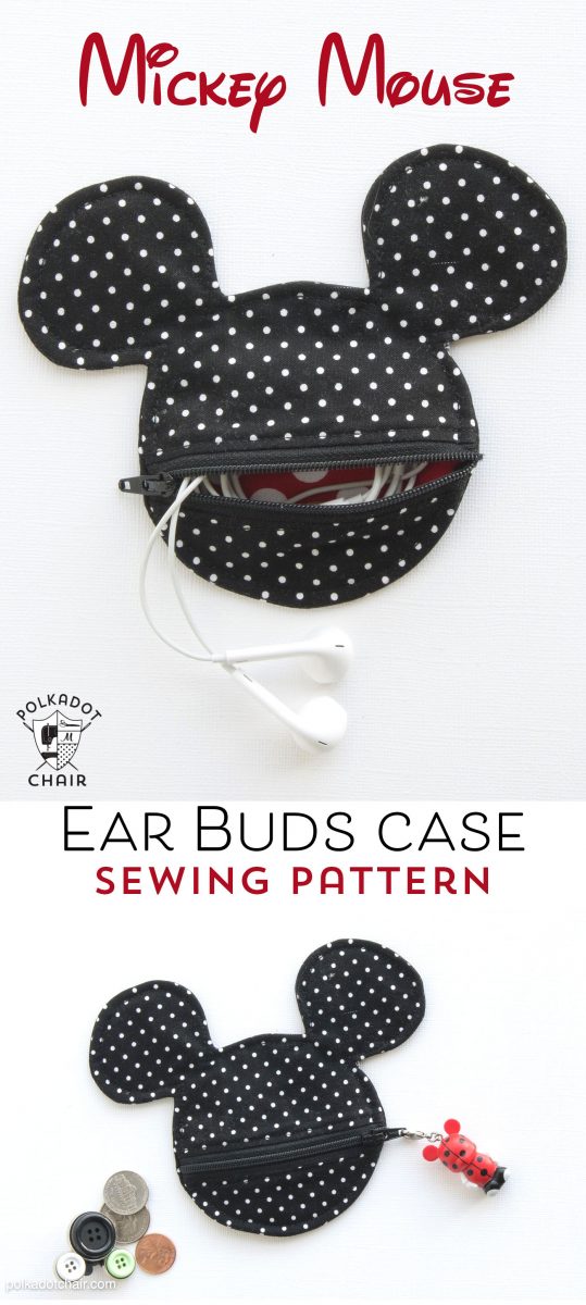 Free Sewing pattern for a Mickey Mouse inspired earbuds case / coin purse. This would be so cute to make before my next Disney vacation!