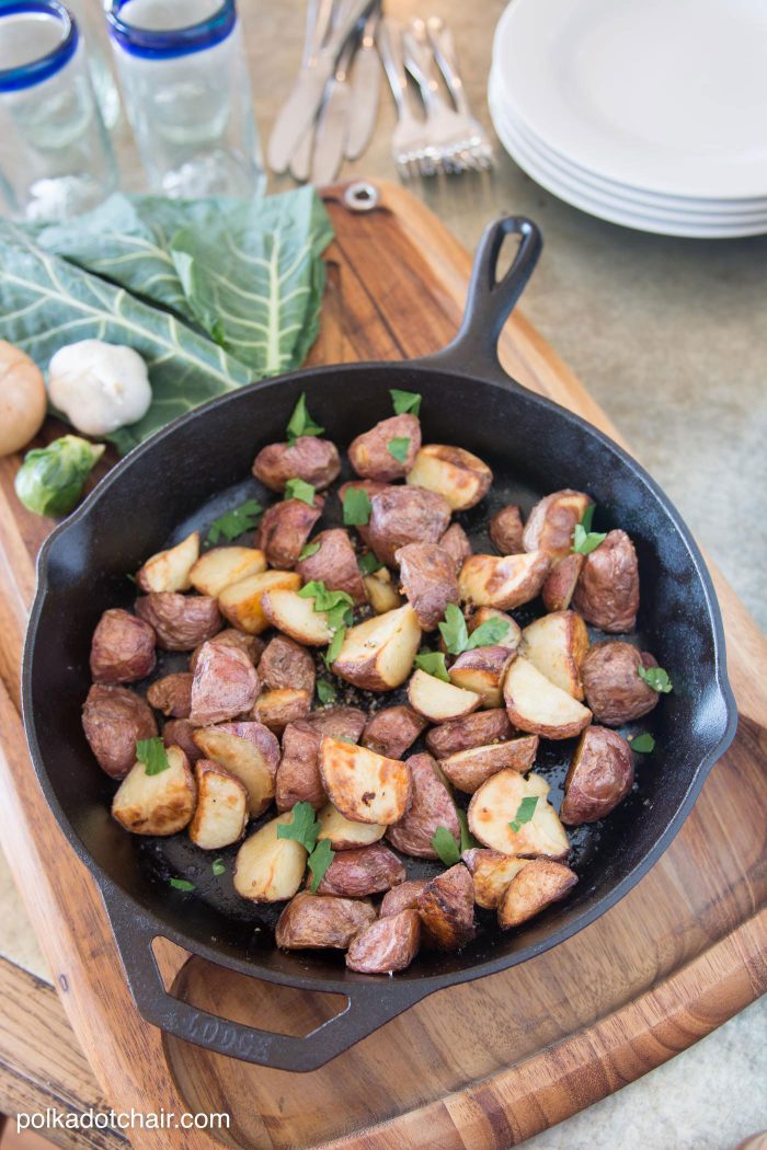 Recipe for roasted potatoes cooked in a cast iron skillet. Great, easy weeknight dinner side dish recipe!