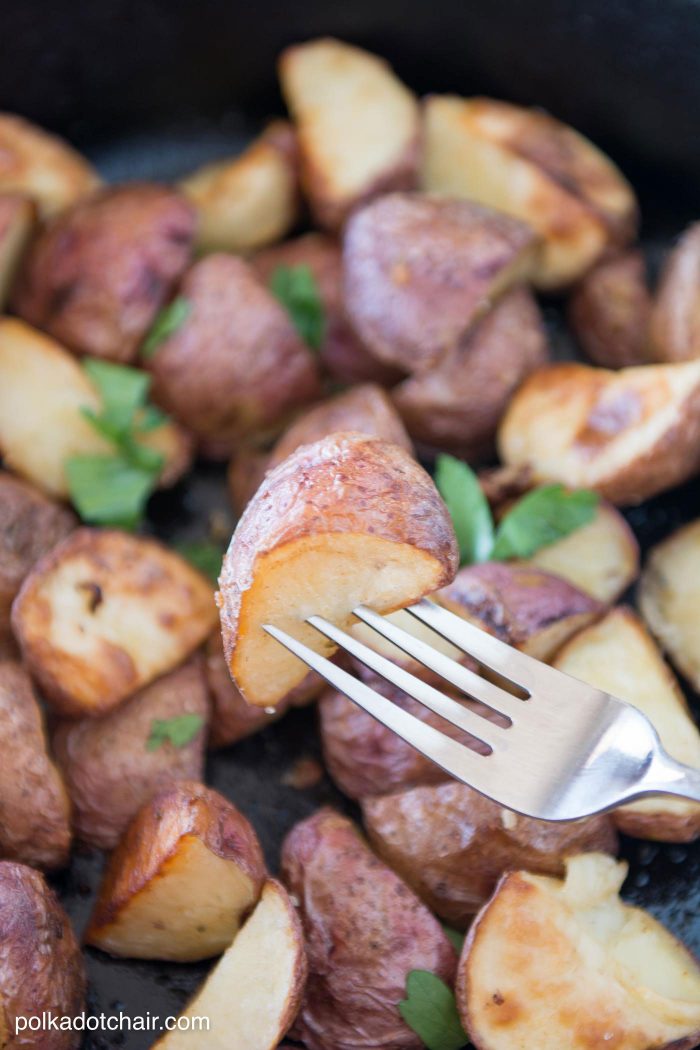 Recipe for roasted potatoes cooked in a cast iron skillet. Great, easy weeknight dinner side dish recipe!