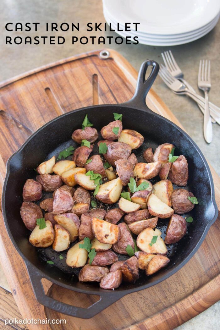 Recipe for roasted potatoes cooked in a cast iron skillet. Great, easy weeknight dinner side dish recipe!