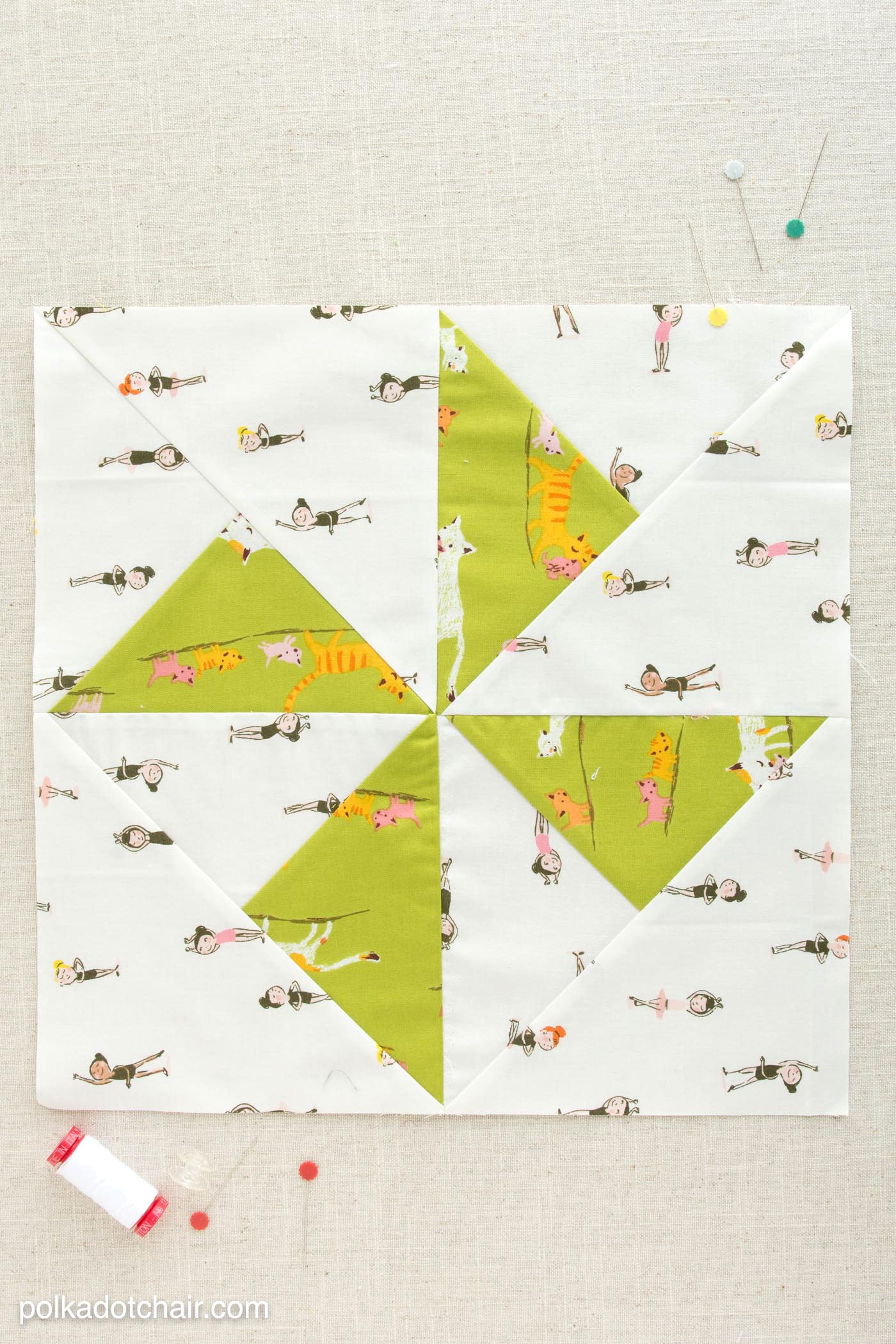 The January Block of the Month on polkadotchair.com - Learn how to make a simple turnstile quilt block - complete one quilt block each month to make yourself a quilt!