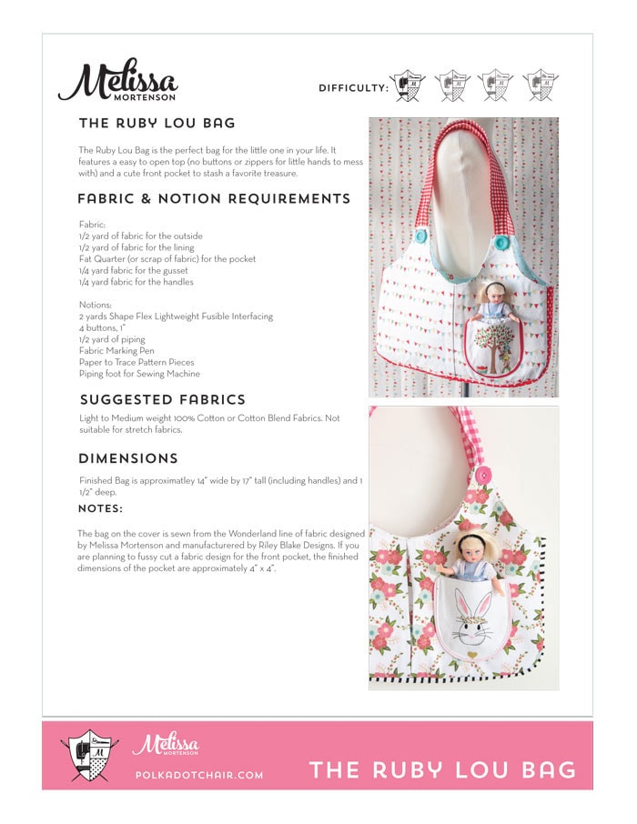 Sewing Pattern for Ruby Lou Bag, a cute tote bag pattern for little girls. Love the front pocket!