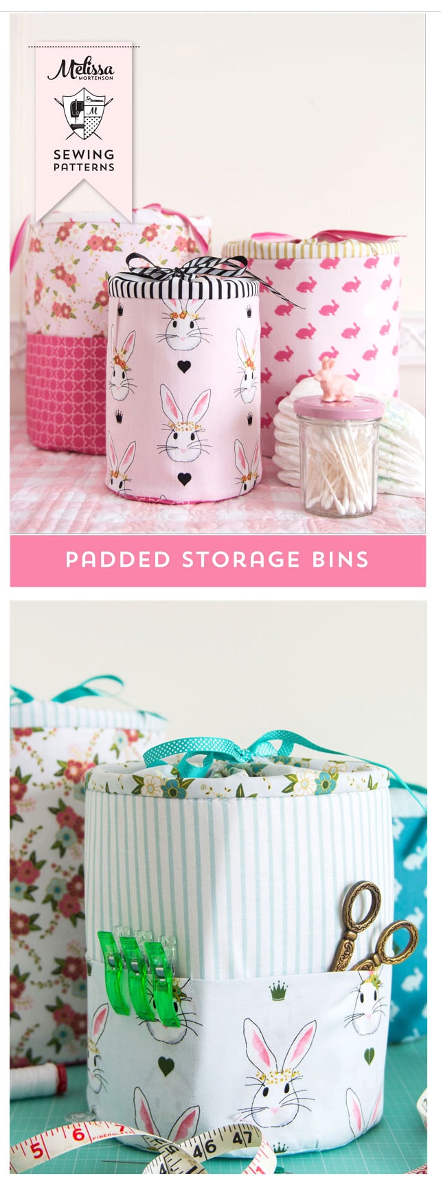 Sewing Pattern for Padded Storage Bins in 3 sizes. Make great and really cute storage for a nursery, kids room or craft room.