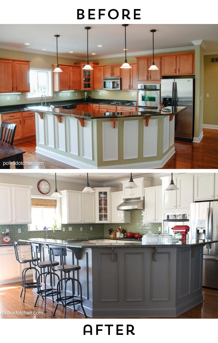 Before and After Photos of a Kitchen that had it's Cabinets Painted White- lots of great ideas for decorating a farmhouse style kitchen!