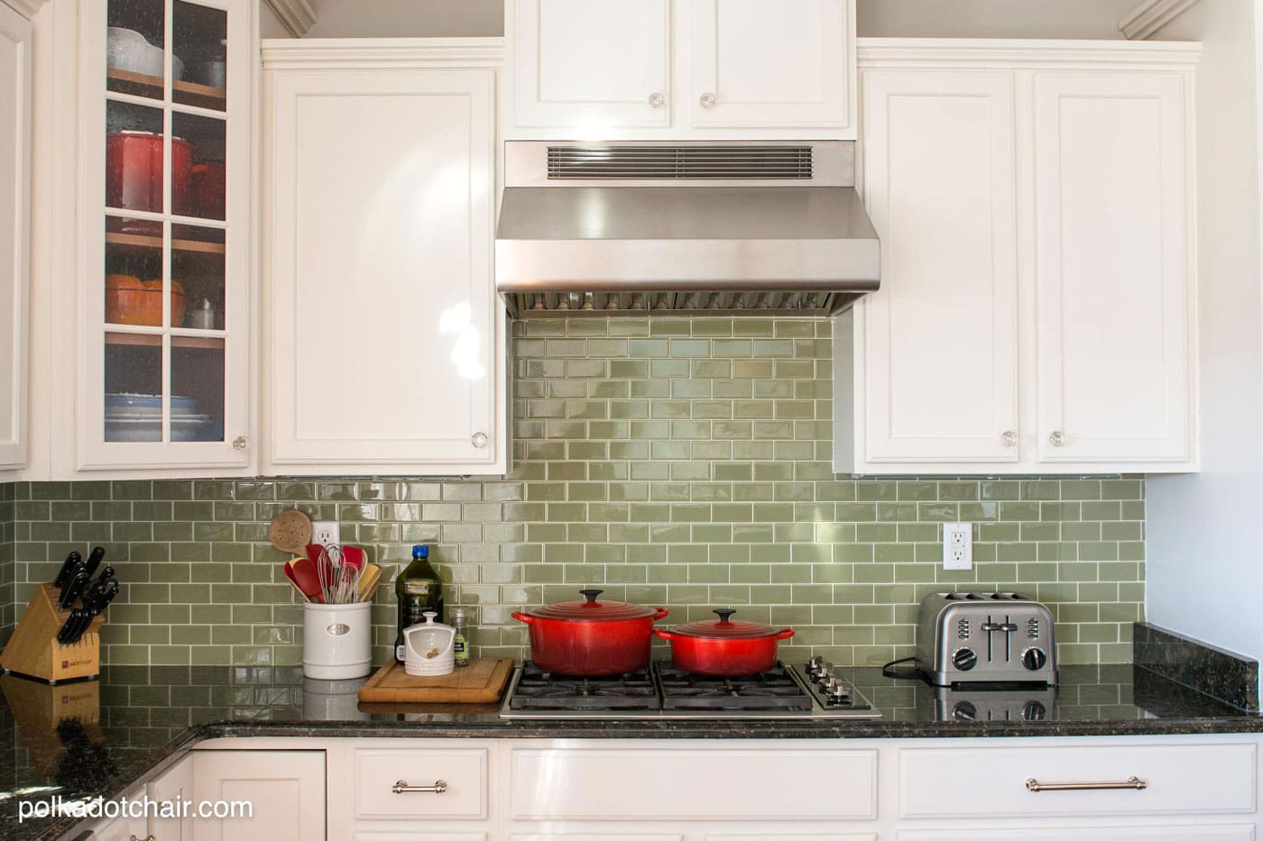 Green Tile Backsplash & Before and After Photos of a Kitchen that had it's Cabinets Painted White- lots of great ideas for decorating a farmhouse style kitchen!