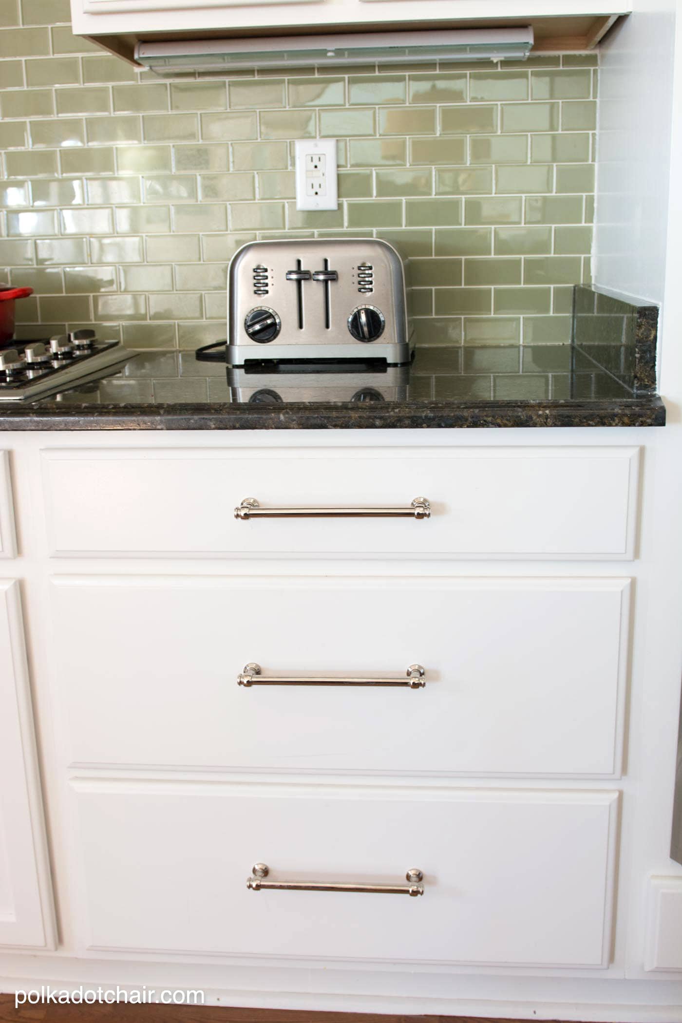 Green Tile Backsplash & Before and After Photos of a Kitchen that had it's Cabinets Painted White- lots of great ideas for decorating a farmhouse style kitchen!