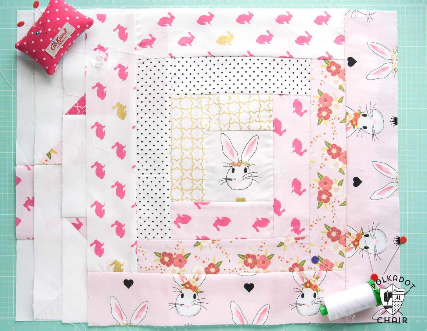 Free Quilt Tutorial and Pattern for a Log Cabin Quilt block; the April Block of the Month offered on the Polka Dot Chair Blog