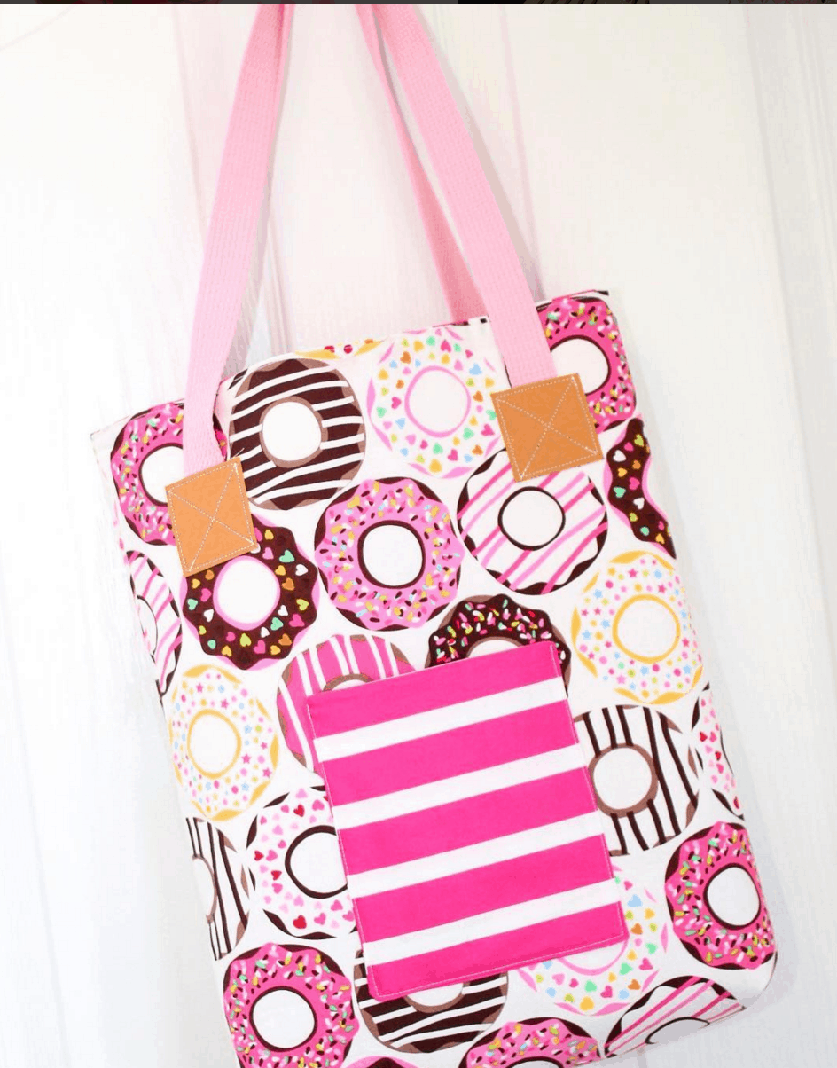 The Derby Tote Bag Sewing Pattern; great simple and versatile tote bag pattern that features 3 different front pocket styles. Great project for a beginning sewist. 