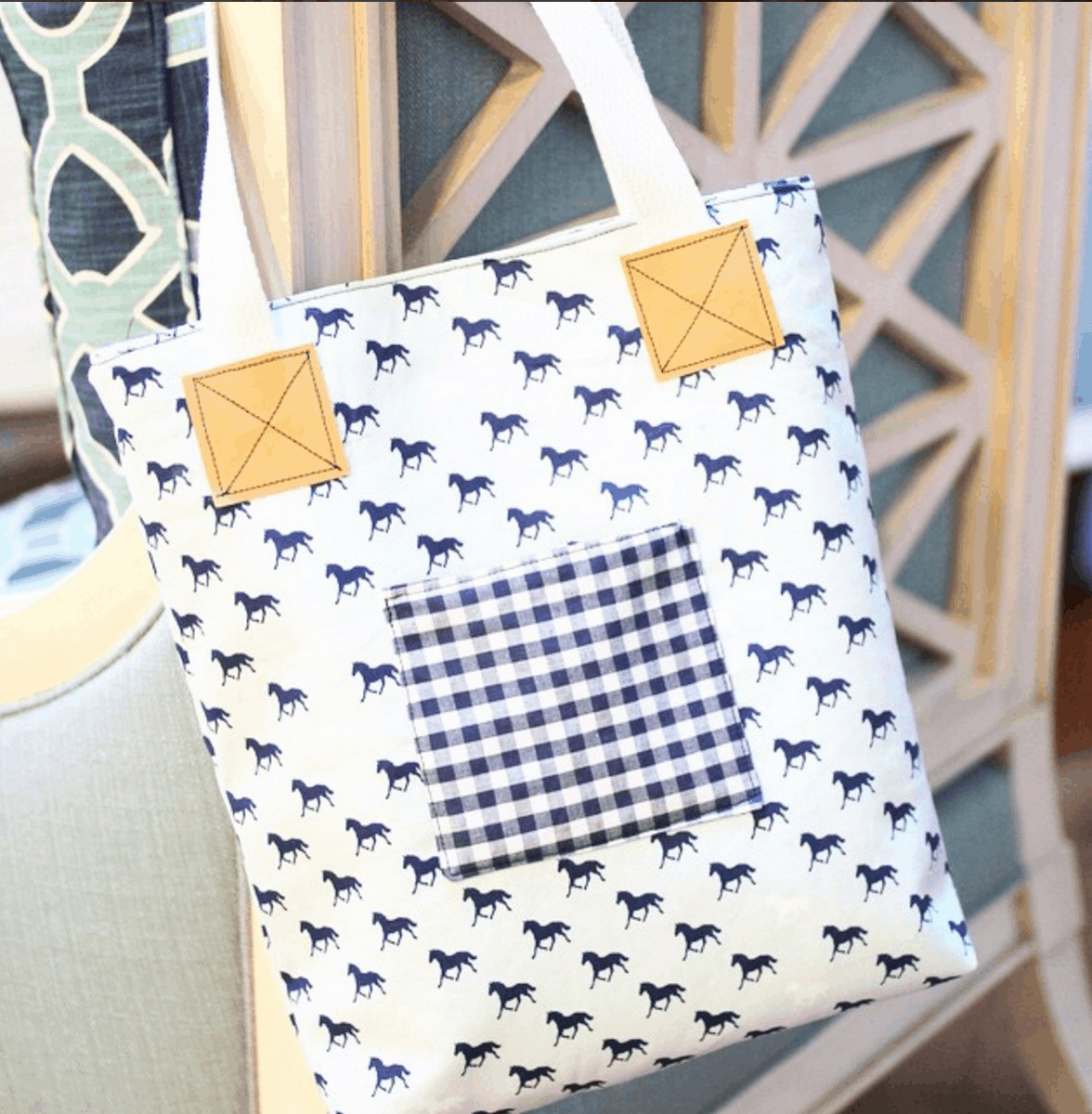 The Derby Tote Bag Sewing Pattern; great simple and versatile tote bag pattern that features 3 different front pocket styles. Great project for a beginning sewist. 