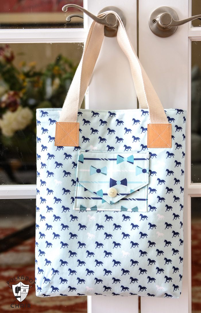 The Derby Tote Bag Sewing Pattern; great simple and versatile tote bag pattern that features 3 different front pocket styles. Great project for a beginning sewist.