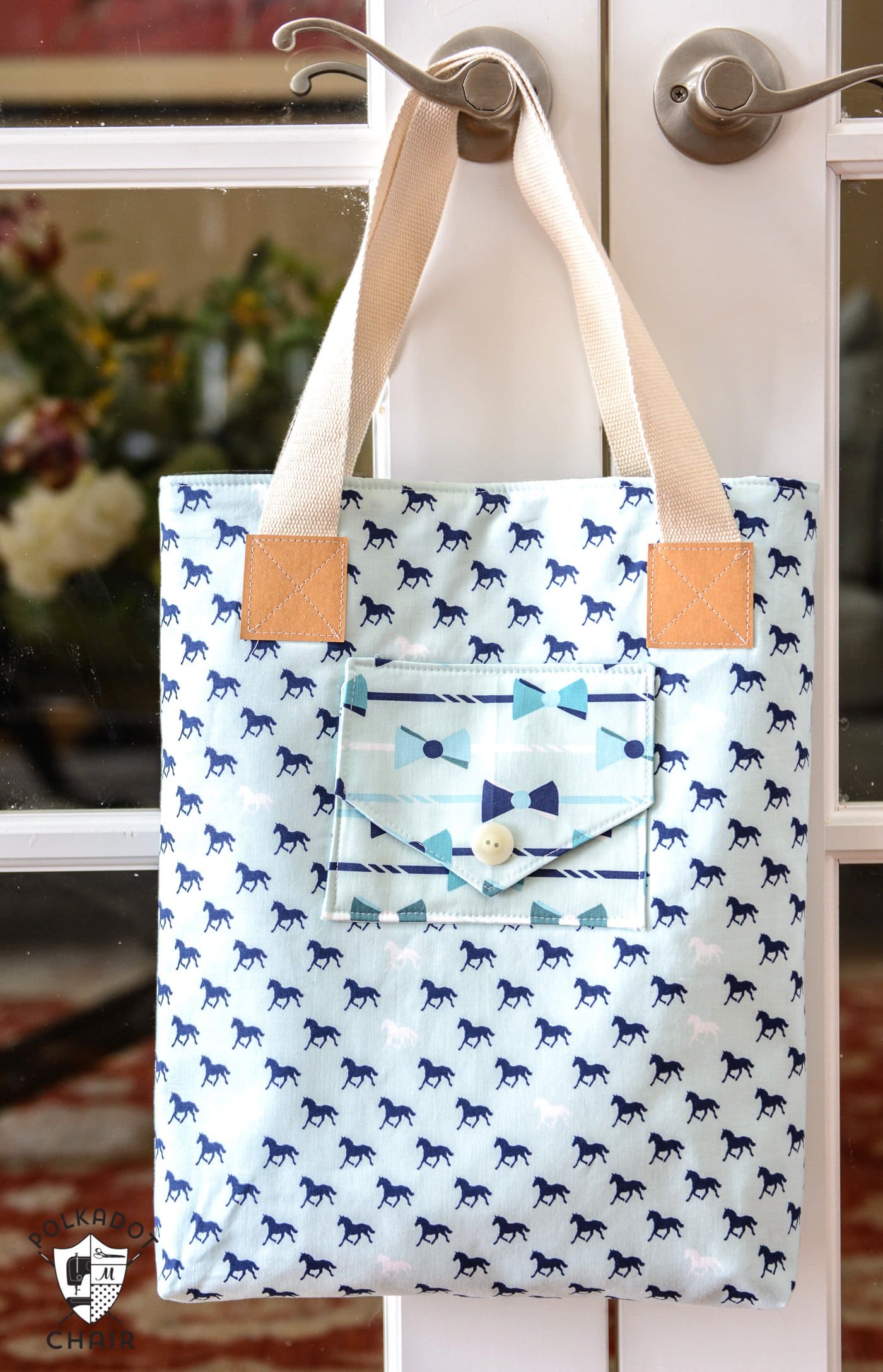 The Derby Tote Bag Sewing Pattern; great simple and versatile tote bag pattern that features 3 different front pocket styles. Great project for a beginning sewist. 