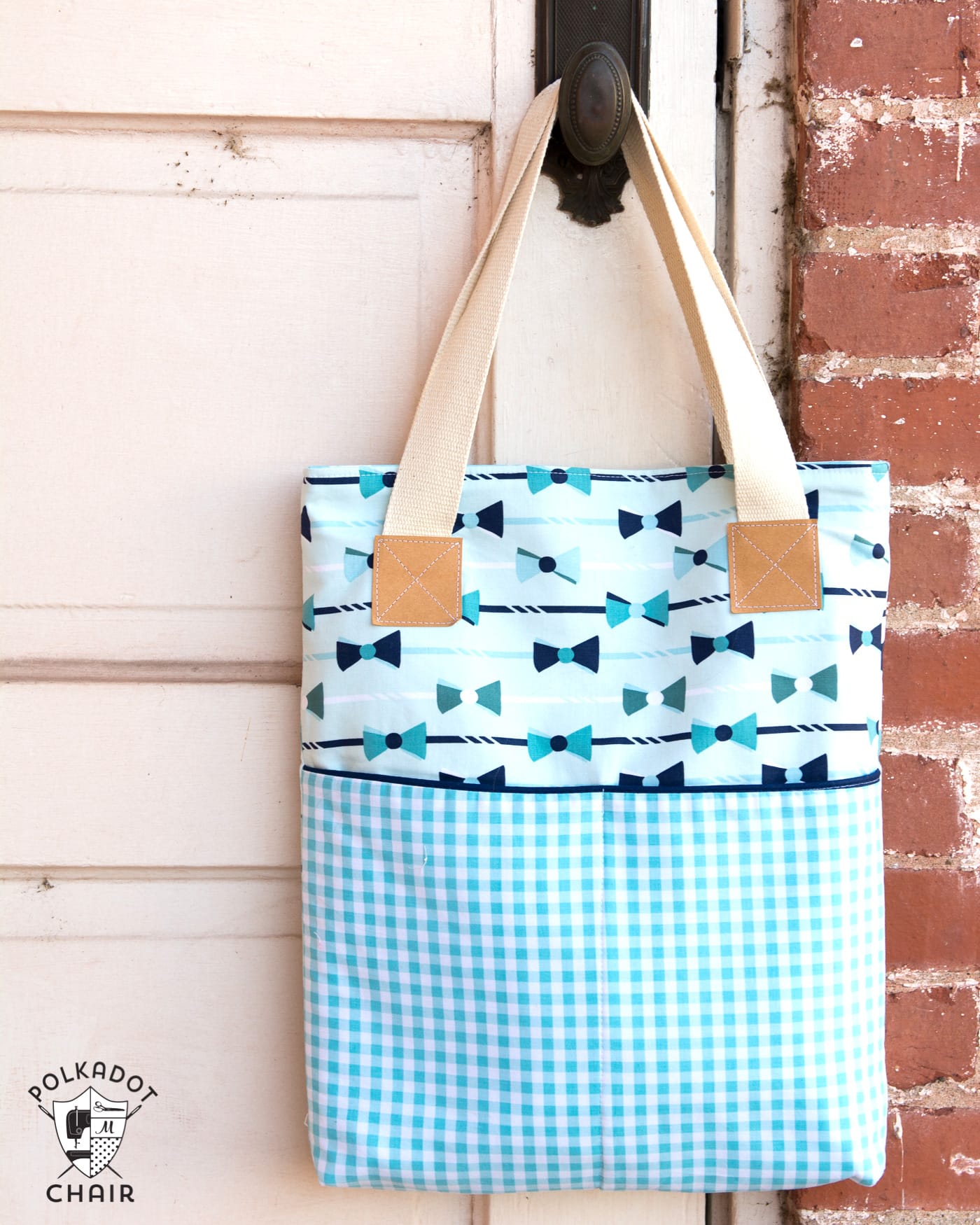 The Derby Tote Bag Sewing Pattern; great simple and versatile tote bag pattern that features 3 different front pocket styles. Great project for a beginning sewist. 