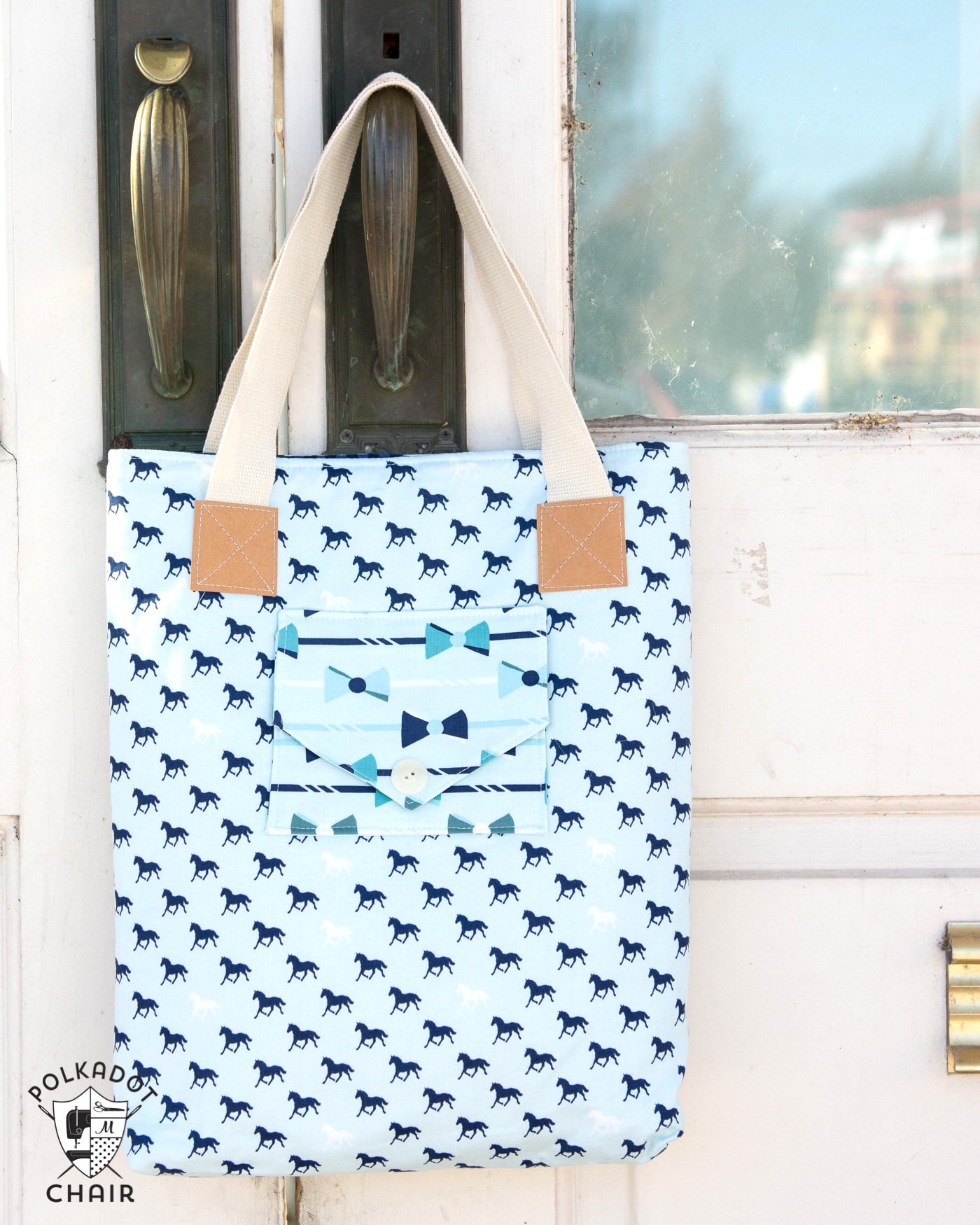 The Derby Tote Bag Sewing Pattern; great simple and versatile tote bag pattern that features 3 different front pocket styles. Great project for a beginning sewist. 