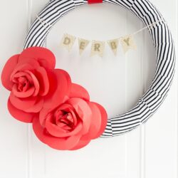 DIY Paper Flower Wreath Tutorial decorated for the Kentucky Derby; lots of cute ideas for Derby Decorations and Derby Parties on this site too!