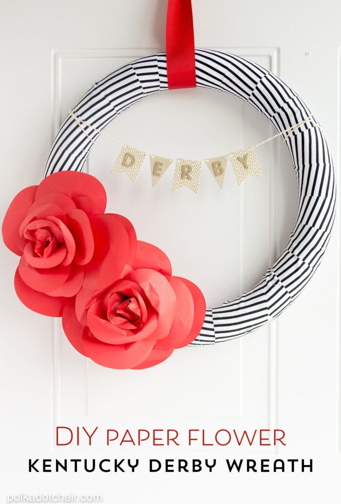 DIY Paper Flower Wreath Tutorial decorated for the Kentucky Derby; lots of cute ideas for Derby Decorations and Derby Parties on this site too!