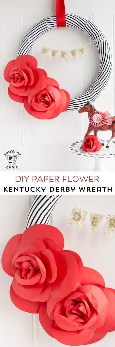 DIY Paper Flower Wreath Tutorial decorated for the Kentucky Derby; lots of cute ideas for Derby Decorations and Derby Parties on this site too!