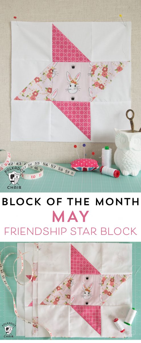 The May Block of the Month in the Polka Dot Chair Quilt Block series, a free tutorial to make a Friendship Star Quilt Block