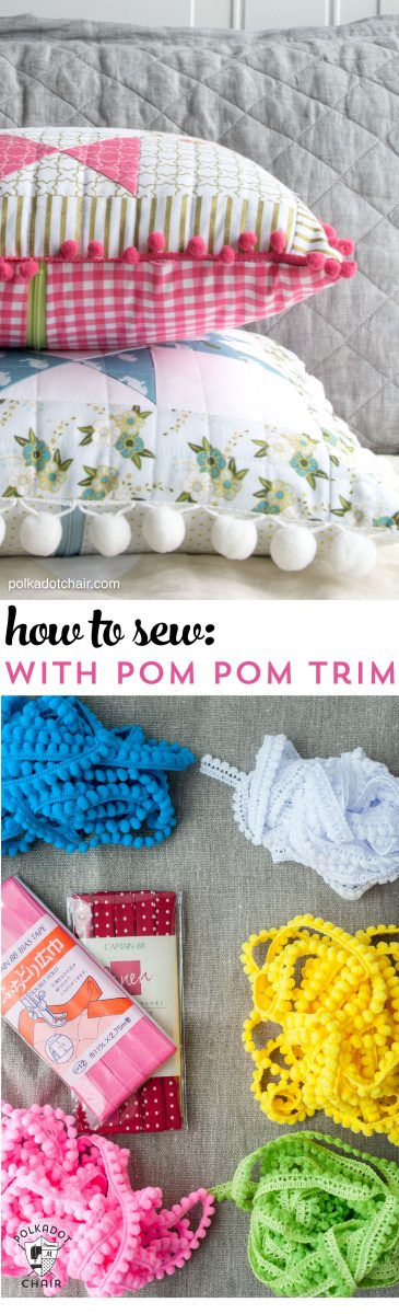 Learn tips and trick to make it easy to sew with pom pom trim or fringe. Like how to add pom pom fringe to a pillow