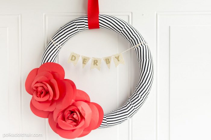 DIY Paper Flower Wreath Tutorial decorated for the Kentucky Derby; lots of cute ideas for Derby Decorations and Derby Parties on this site too!
