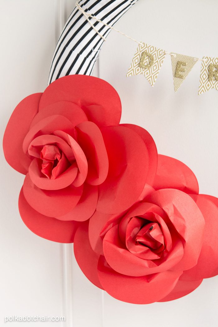 DIY Paper Flower Wreath Tutorial decorated for the Kentucky Derby; lots of cute ideas for Derby Decorations and Derby Parties on this site too!